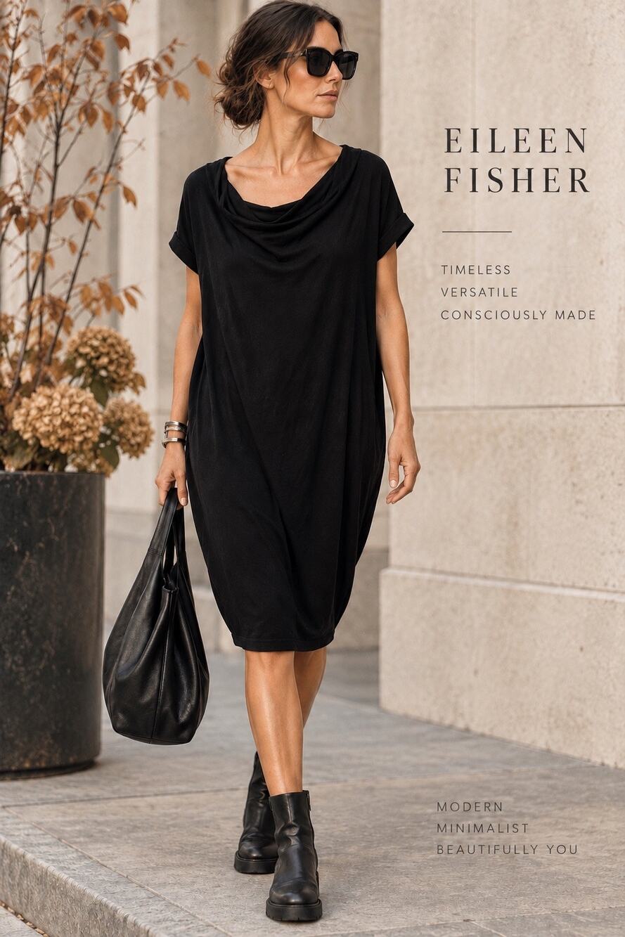 Lagenlook Minimalist Eileen Fisher Drape Neck Black Relaxed Fit Jersey Dress S